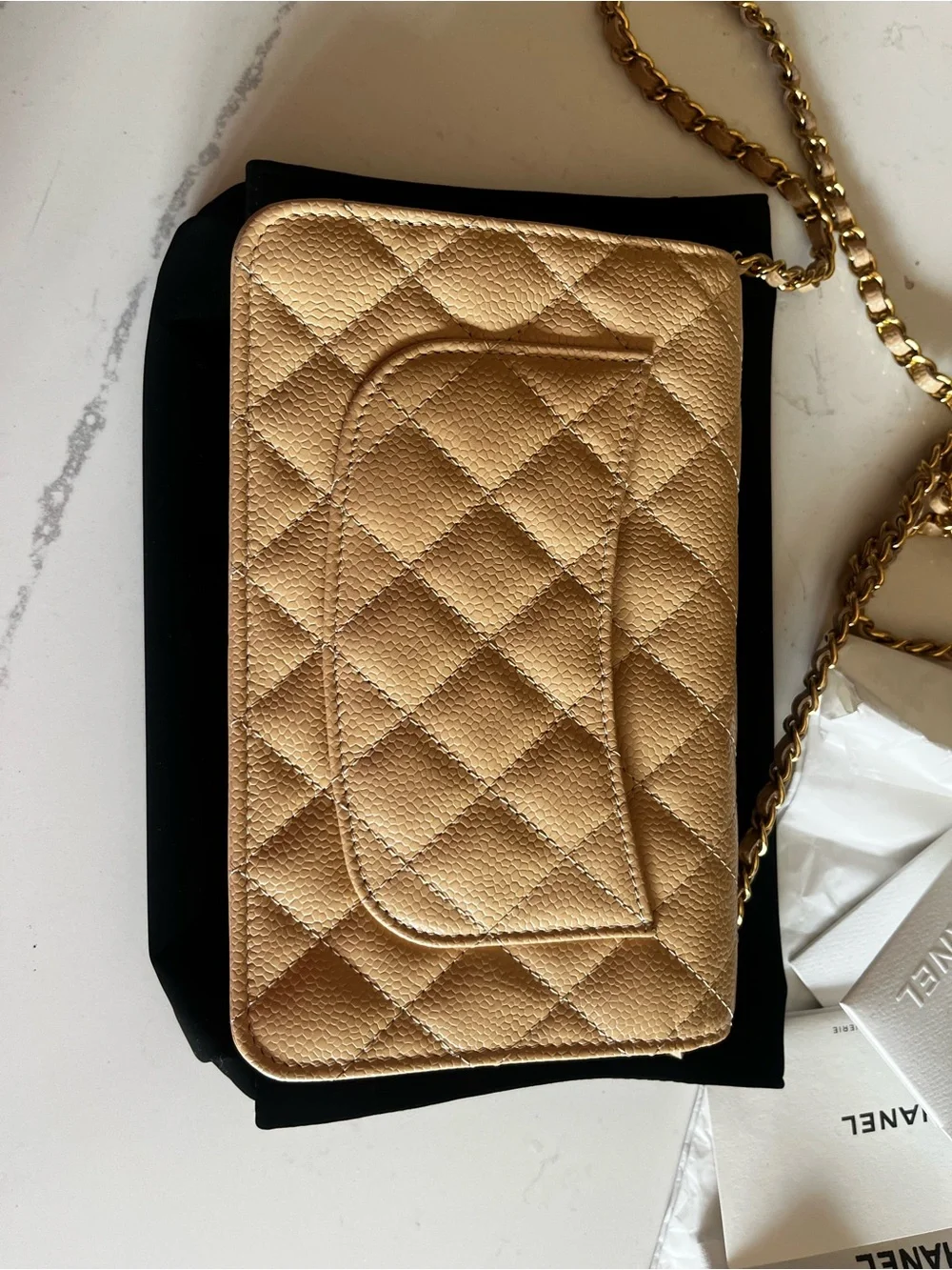 CHANEL Beige Quilted Caviar Leather Crossbody Wallet with Gold CC